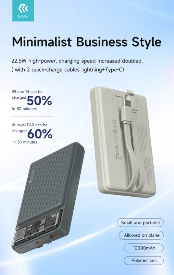 Power Bank 10.000 mAh con due cavi 22,5W Carica rapida Avorio