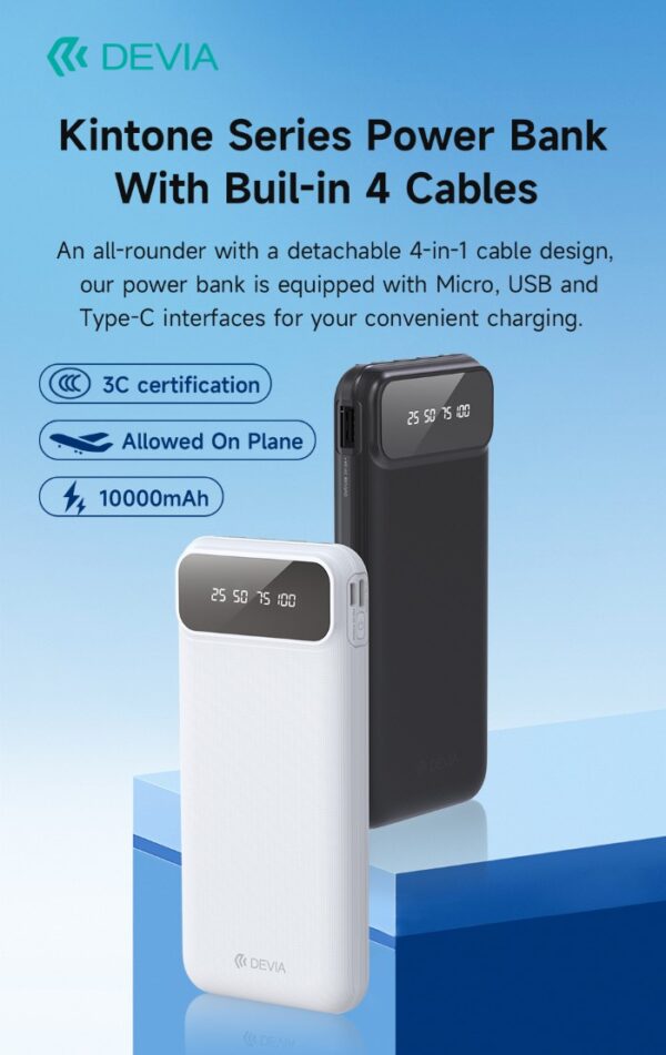 Power Bank serie Kintone con 4 cavi integrati 10000 mAh Nero