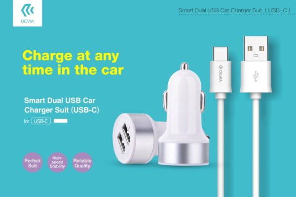 Suit Carica Auto 2 Out 3.1A e Cavo USB Tipo-C Dati e Carica