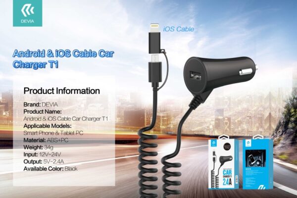 Carica da Auto T1 con Cavo Android & Lightning + Uscita USB