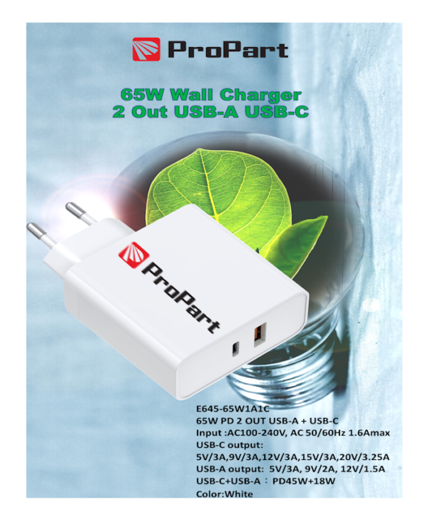 Carica Batterie 65W 2 Output USB-A + USB-C