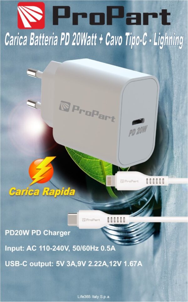 Carica batterie Rapido + Cavo da Tipo-C a Lightning 3A PD 20W