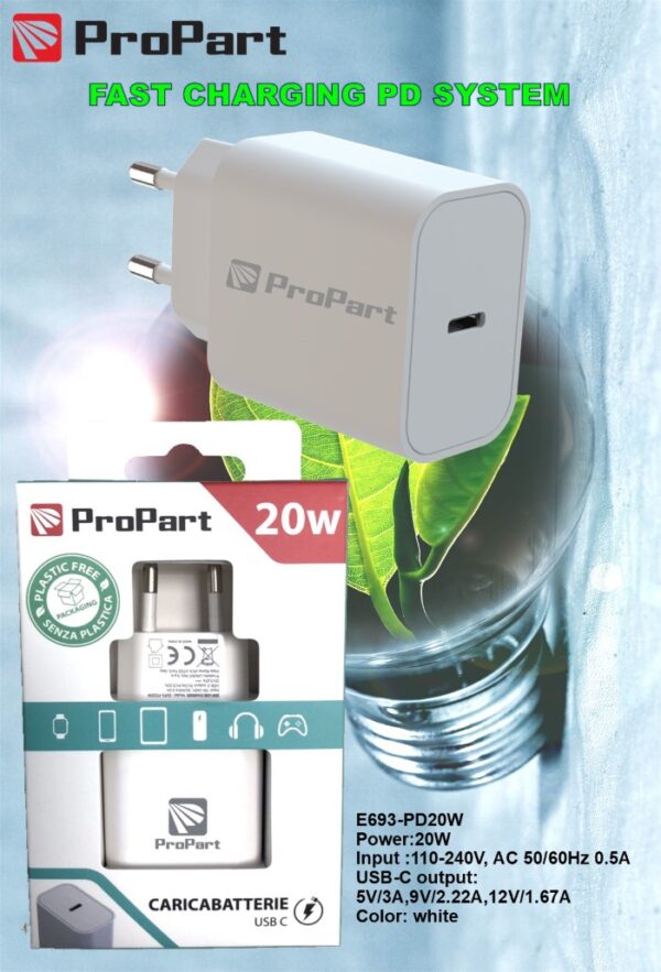 Caricabatteria 20 Watt PD presa USB-C Modello E693-PD20W