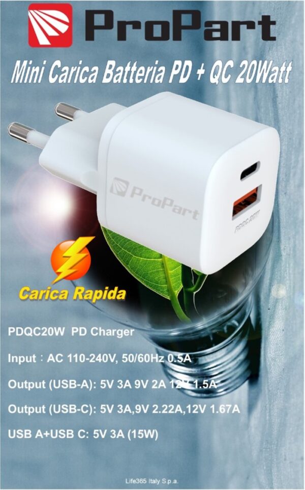 Carica Battere Rapido Mini PD + QC 20W 2 Out USB A - Type C