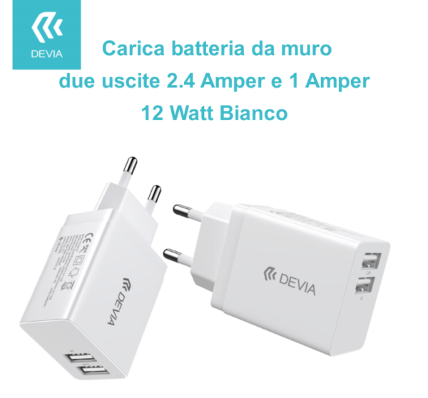 Carica Batterie 2 Uscite 2.4 Amper e 1 Amper 12 Watt Bianco