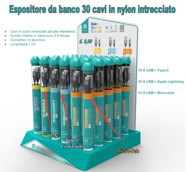 Espositore con 30 cavi 10 X Apple - Type-C - M-Usb